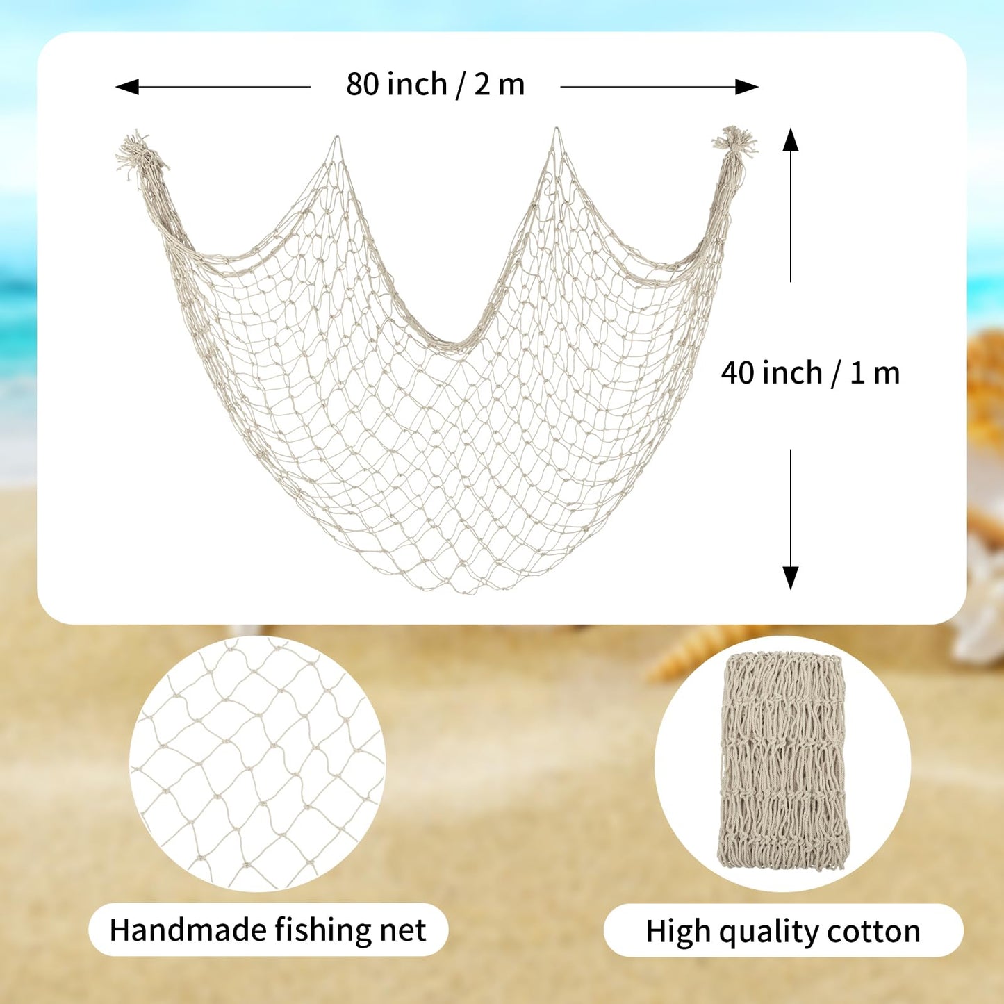 Decorative Fishing Net 80x40 Inch,YuanDe 2 Pack Large Beige Picture Fish Net, Wall Photo Hanging Fishnet for Nautical Mermaid Pirate Ocean Themed Hawaii Beach Under The Sea Party Decorations