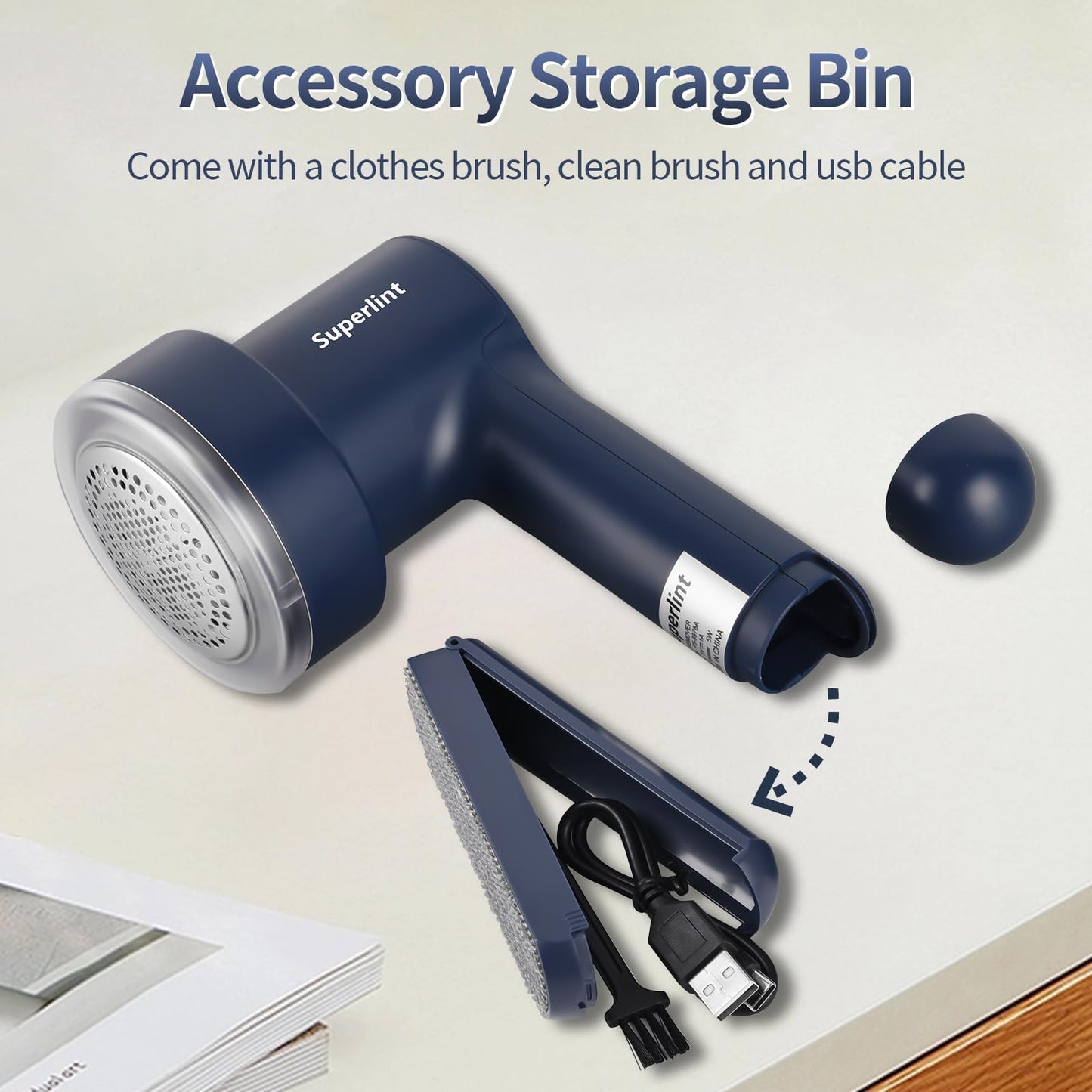 SUPER LINT Electric Fabric Shaver, Sweater Shaver with LED Display, 6-Leaf Blades, Clothes Brush, 3-Speeds for Removing Fuzz and Pill Form Clothing, Couch, Furniture, Navy Blue
