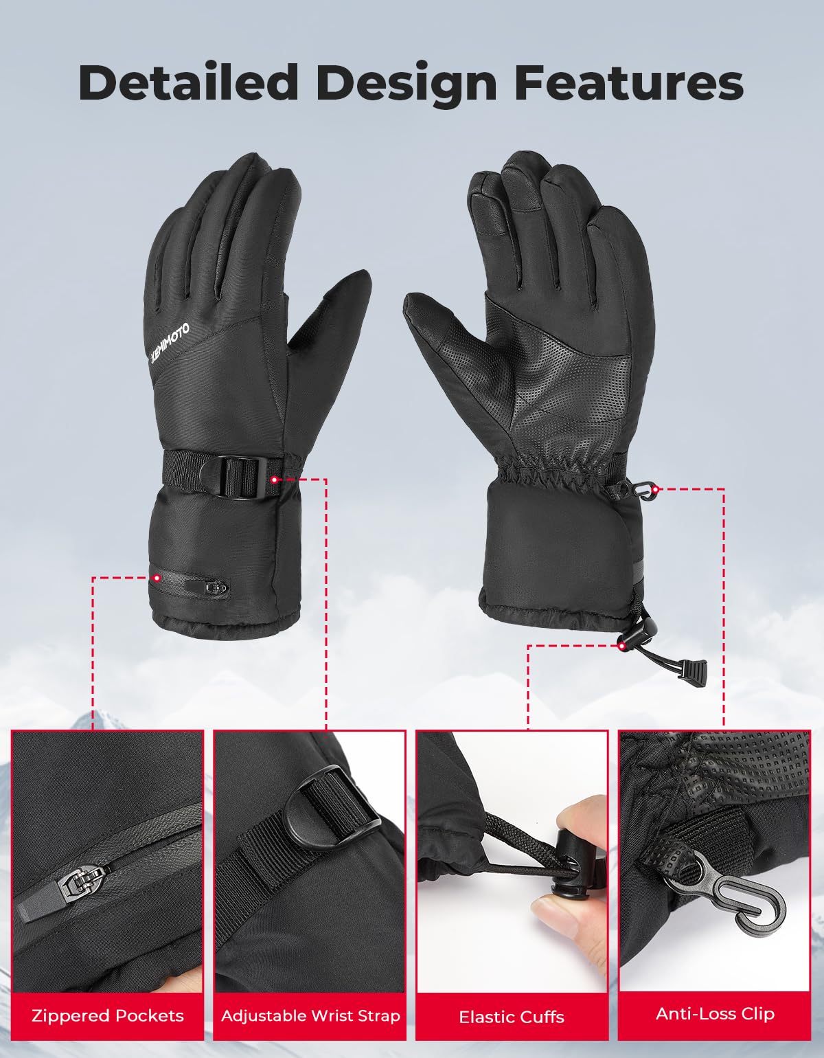 KEMIMOTO Ski Gloves for Men Women, Winter Warm Snowboard Gloves with Wrist Leashes and Pockets, Waterproof Snow Gloves for Skiing, Snowboarding, Shoveling & Outdoor Sports