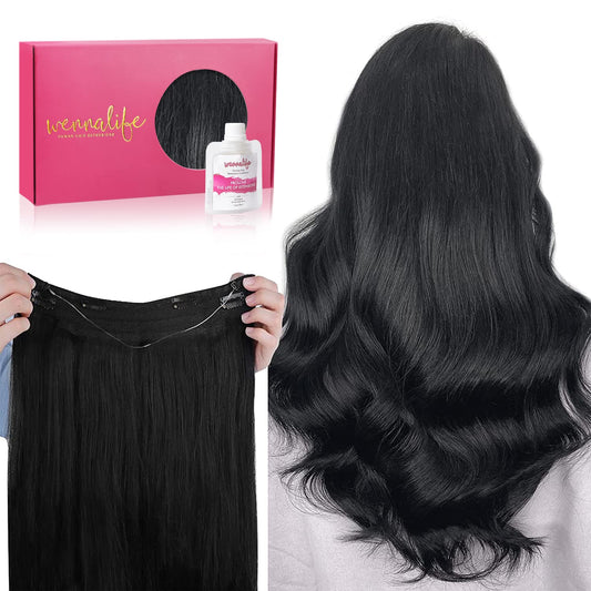 WENNALIFE Wire Hair Extensions (Increase 50% Lifespan) Real Human Hair 20 inch 110g Jet Black Remy Hair Extensions Invisible Transparent Wire Fish Line Hair Extensions Straight Real Hair Extensions