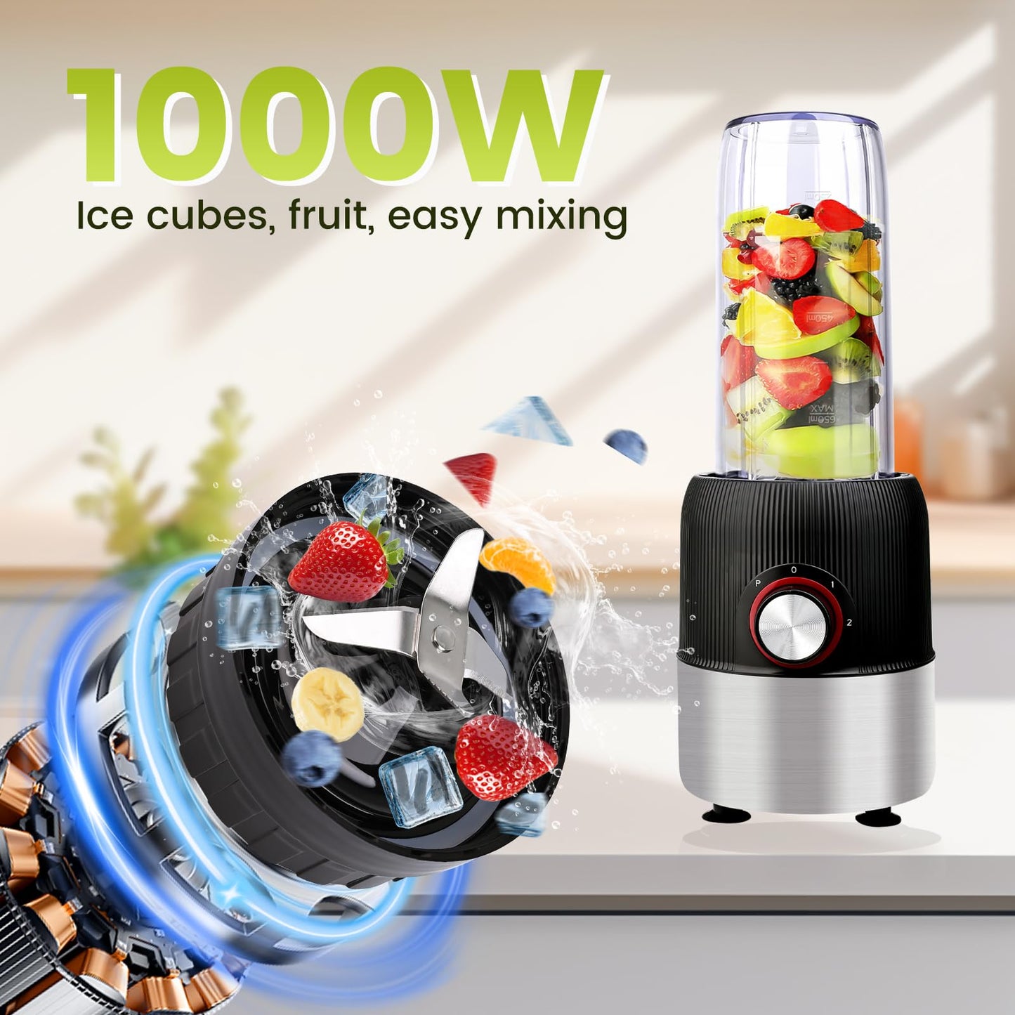 YAHHU Smoothie Blender,1000W Max Blenders for Shakes and Smoothies in Kitchen, With Two Portable Bottle and Spout Lids(1 * 27oz&1 * 6.7oz),Coffee Grinder, 3 Modes Nutritional Recipe Blender,Black