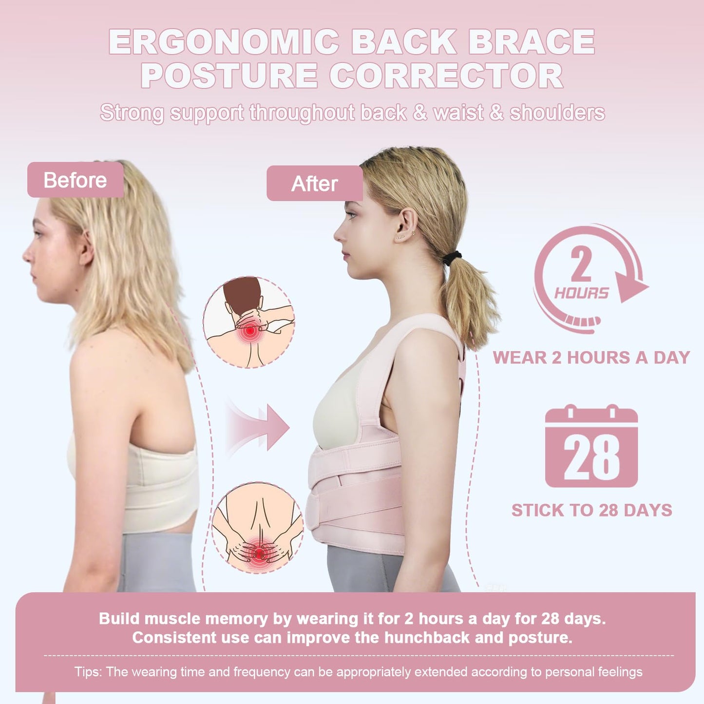 Posture Corrector for Women and Men Upgraded Back Brace, Adjustable Back Support for Upper and Lower Back Pain Relief, Shoulder Straightener for Hunchback, Scoliosis, Lumbar, Spine (Pink, Medium)