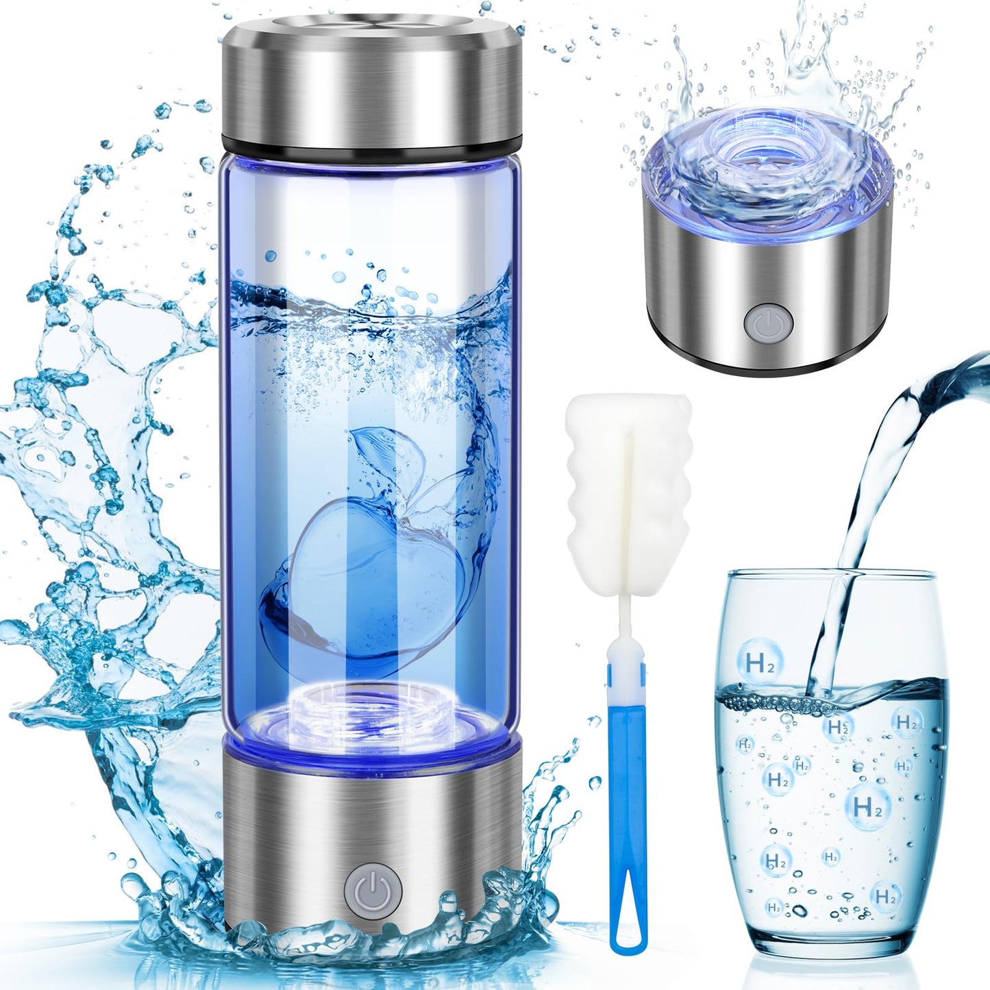 2025 Upgrade Hydrogen Water Bottle, 3 Min 1800PPB Fast Hydrogen Water Generator with SPE PEM Tech, 14oz Portable Hydro Water Machine, Rechargeable Hydrogen Rich Glass for Home Office Travel & Fitness