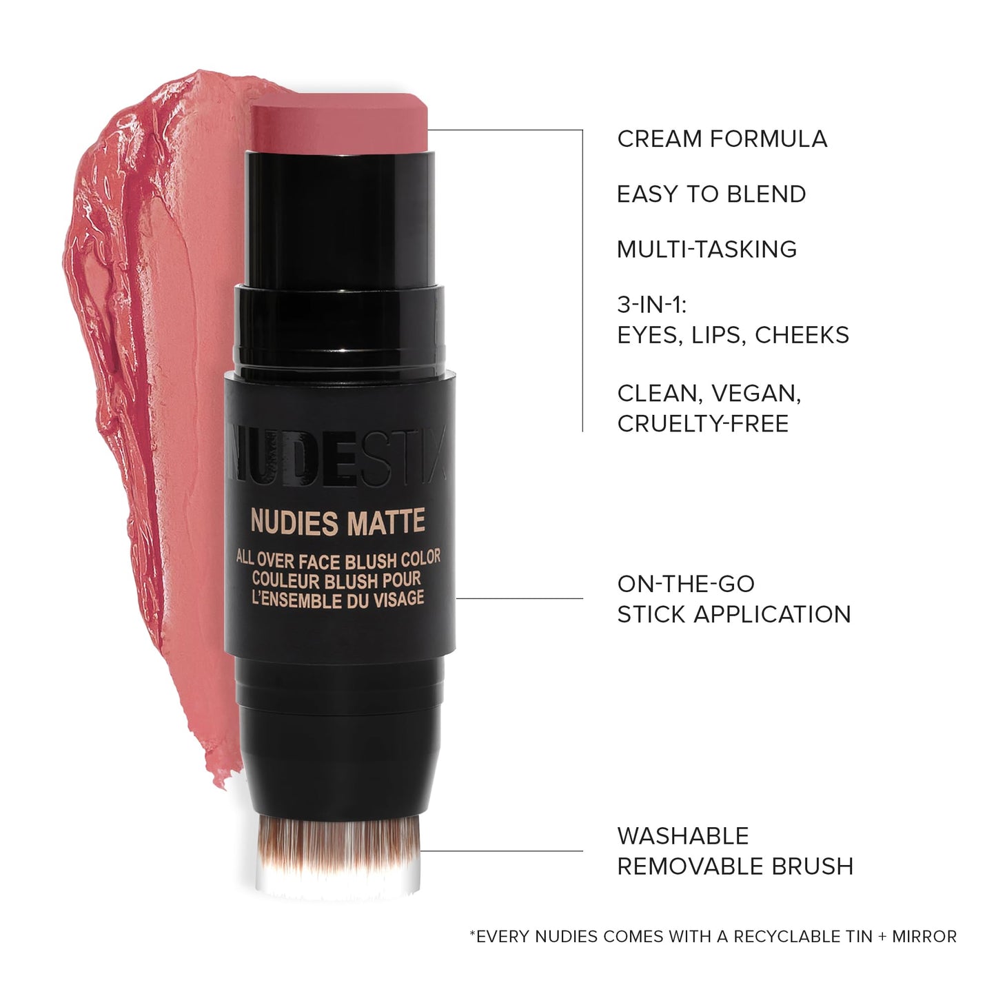 Nudestix Nudies Matte Cream Blush Stick 3-in-1 All Over Face Color - Blush Stick for Cheeks Eyes and Lips - Cream Blush for Cheeks w/Blending Brush (Cherie)