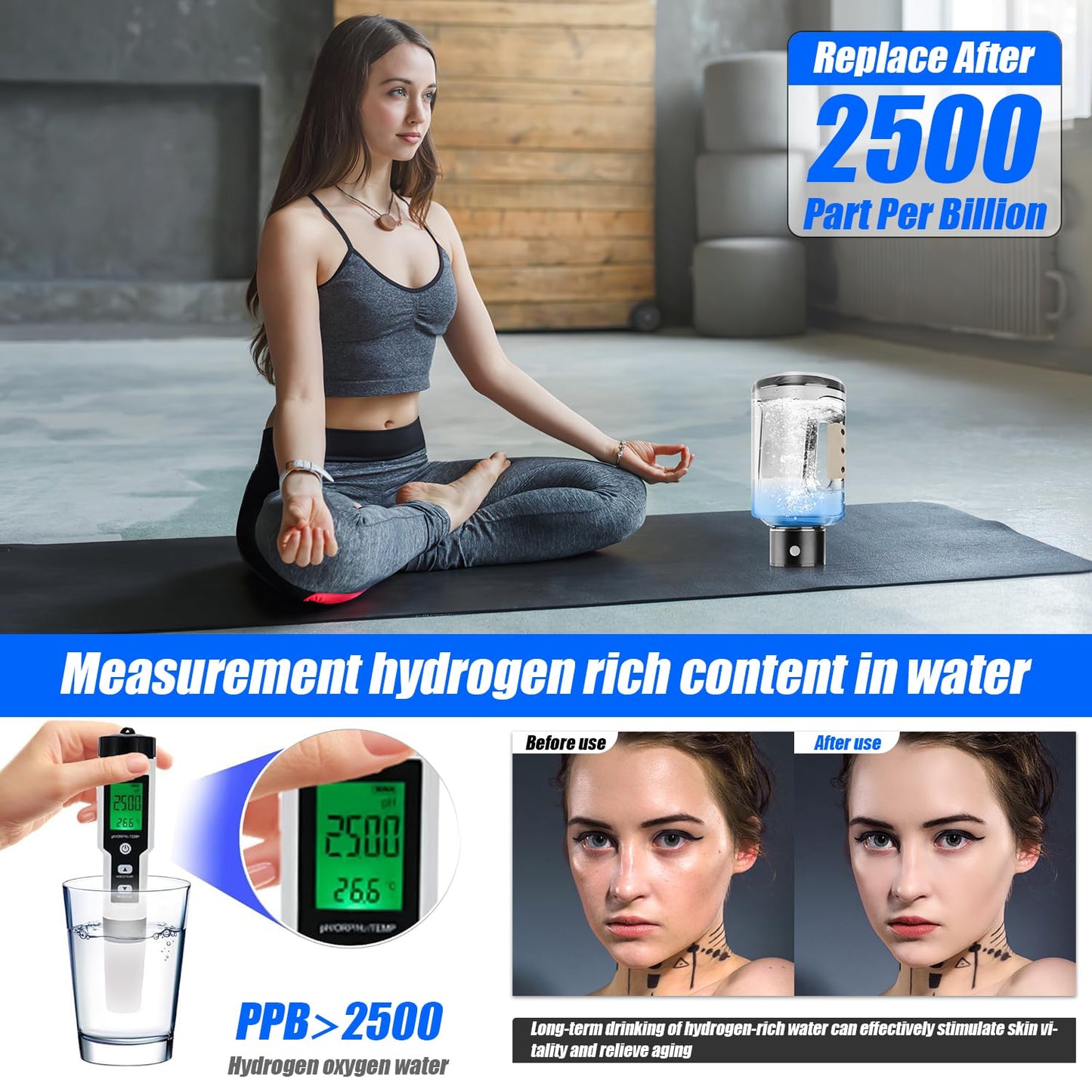 Hydrogen Water Bottle, 50oz/1.5L Hydrogen Water Generator, Rechargeable Hydrogen Water Ionizer with SPE/PEM Technology Leakproof, 5 Min Electrolysis for Sports Fitness Exercise Gift - Grey