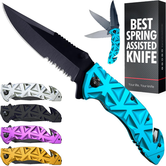 Blue Pocket Knife for Men - 440 Steel Serrated Blade - Glass Breaker for Emergency - Folding Knives with Clip for Survival - Hunting & Tactical Knives & Tools - Gifts for Dad Husband Him - HB 207 BL