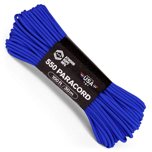 Atwood Rope MFG 550 Paracord 100 Feet 7-Strand Core Nylon Parachute Cord Outside Survival Gear Made in USA | Lanyards, Bracelets, Handle Wraps, Keychain (Royal Blue)