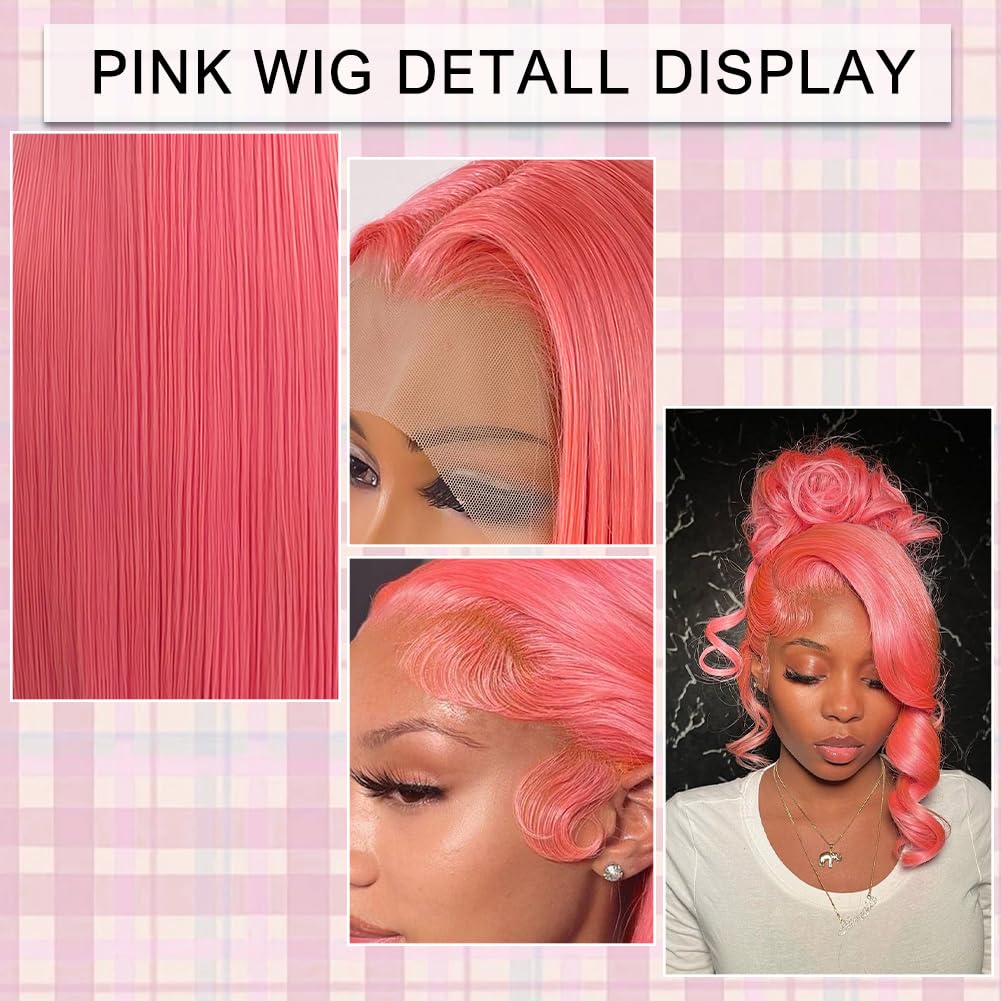 MUGOHK Pink Bob Wig Human Hair 14 Inch 13x4 Cotton Candy Pink Straight HD Lace Frontal Wig Human Hair Pre Plucked with Baby Hair Bubblegum Pink Lace Closure Human Hair Wig 150 Density for Women