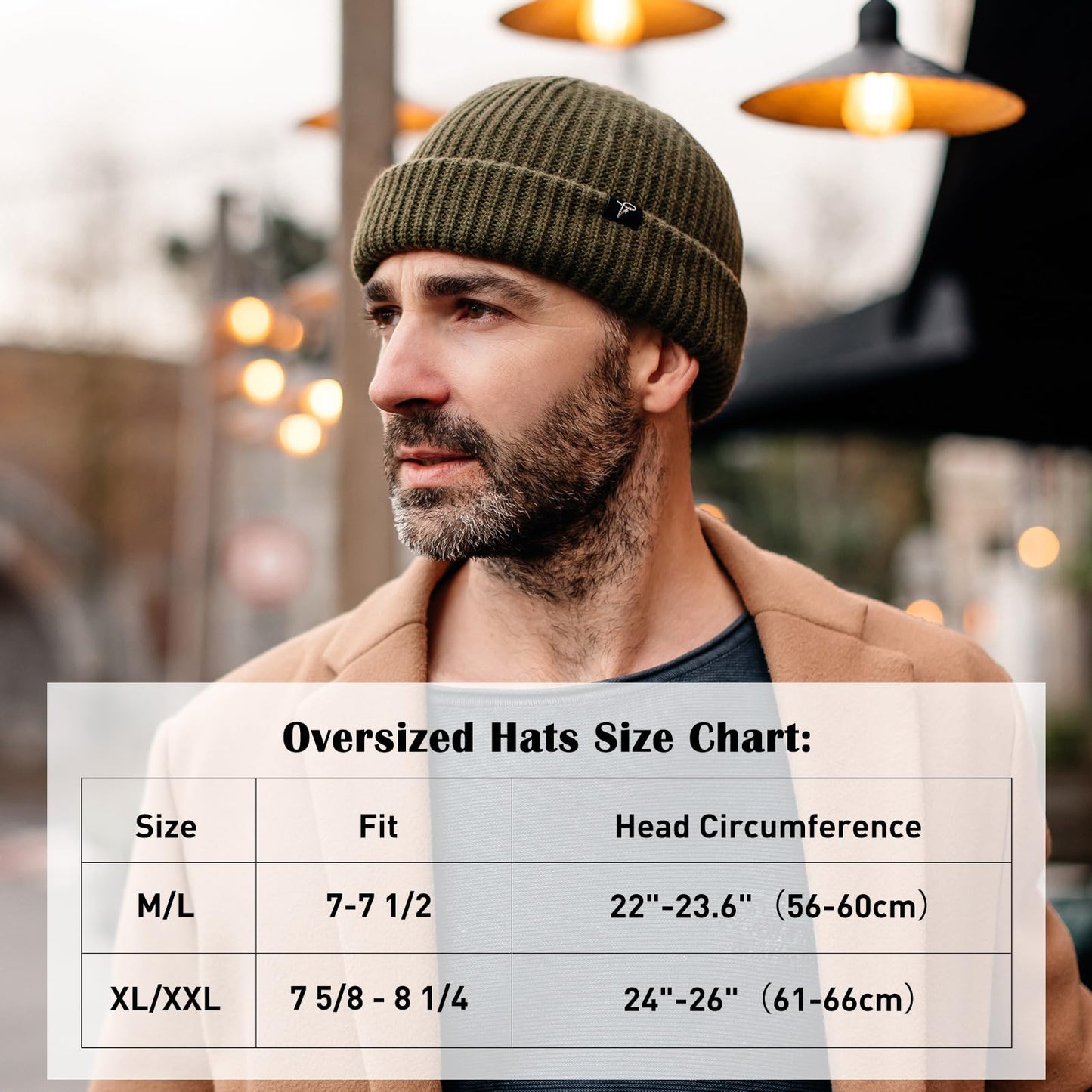 Army Green Oversize M/L Winter Short Fisherman Beanie Merino Wool Blend Knit Skull Cap Warm Hat for Large Big Head Mens Womens Cold Weather