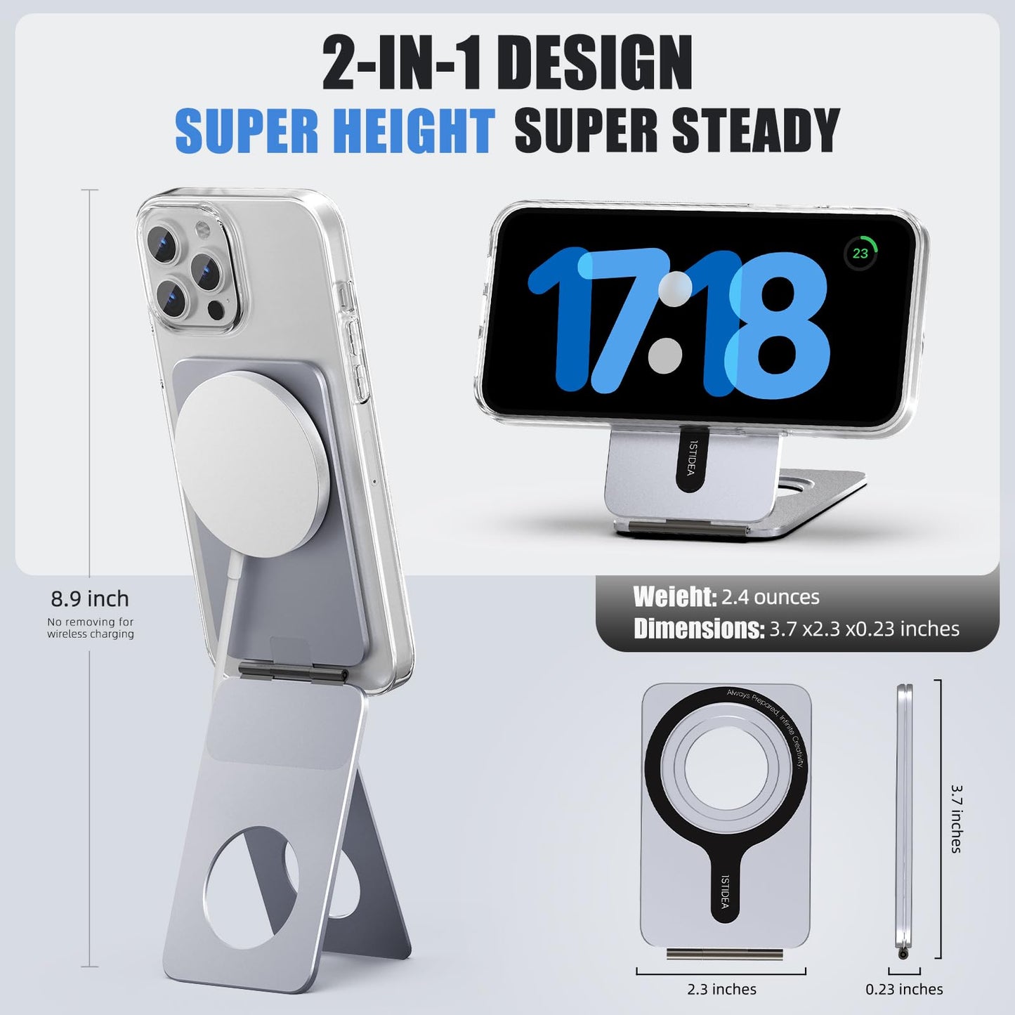 1ST IDEA Phone Tripod Stand, Aluminum Alloy Mini Tripod Compatible with Magsafe iPhone 16/15/14/13/12 Series, Foldable Strong Magnetic Phone Stand, Mult-Angle Adjustment Selfie Stick(Grey)