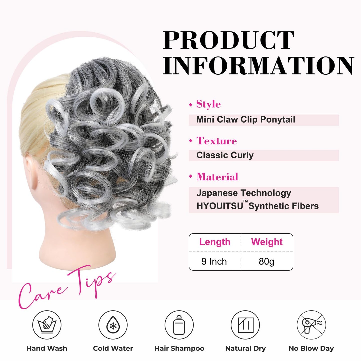 REECHO Ponytail Extension, 9" Claw Clip in Short Curly Wavy Pony Hair Extension Jaw Clip on Pony Tail HP001 Hairpiece for Women - Grey with White Ends