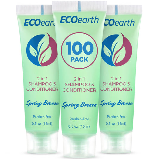 EcoEarth Travel Size Shampoo Conditioner 2-in-1 (0.5 fl oz, 100 PK, Spring Breeze) Delight Your Guests w/Revitalizing & Refreshing Conditioning Shampoo Amenities, Small Size Hotel Toiletries in Bulk