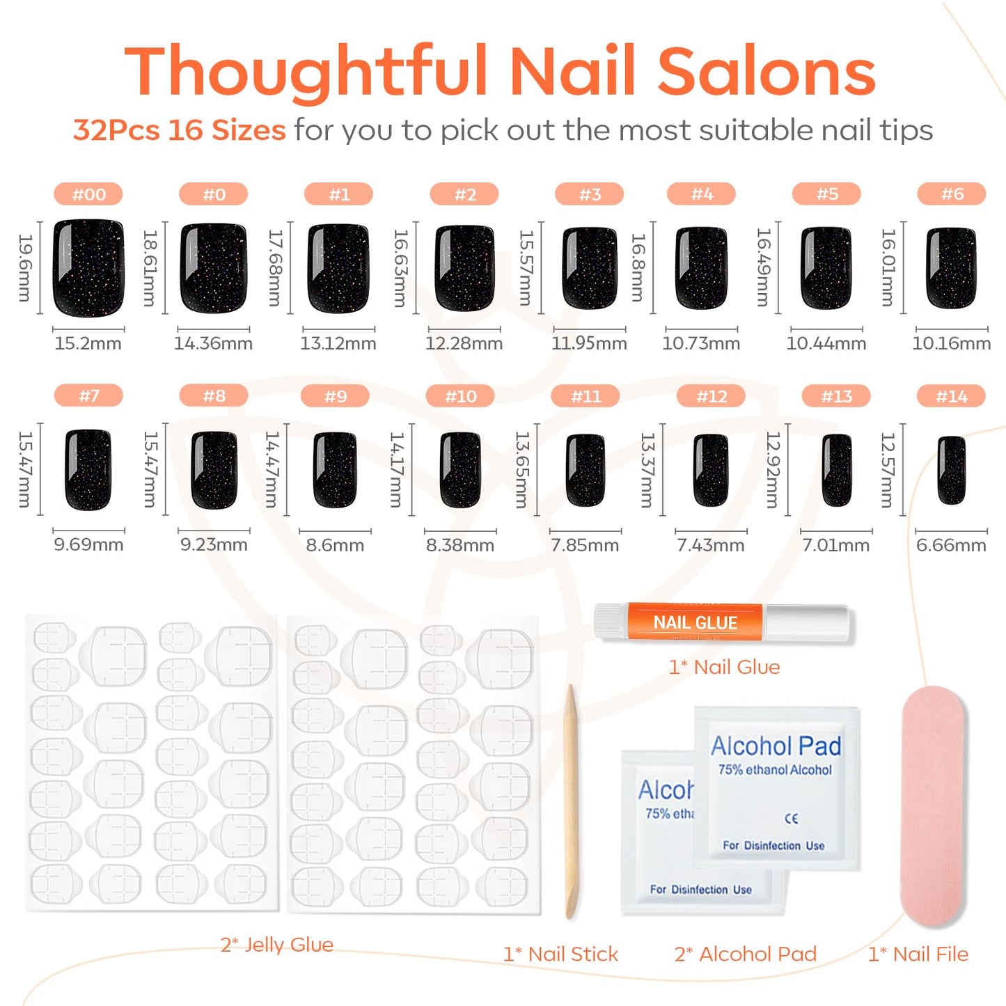 Modelones 32Pcs Sparkle Black Press on Nails, Glitter Short Square Fake Nails, Reusable Nail Kit with Nail Glue Adhesive Tabs Mini Nail File, Nails Press Ons 16 Sizes