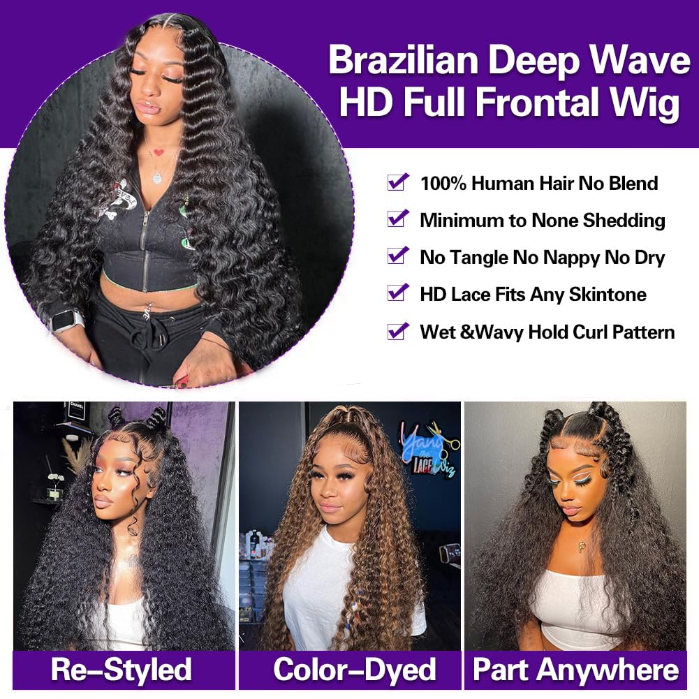 LRV Deep Wave Lace Front Wigs Human Hair Pre Plucked, 13x4 HD Lace Front Wet And Wavy Frontal Human Hair Deep Wave Wig For Women Glueless, 180 Density 20 Inch, Pre Plucked