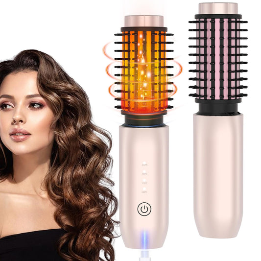 Cordless Hair Curling Iron Brush, Travel Hot Straightener Comb Curl Brush, 3-in-1 Portable Curling Iron Cordless Wand, USB Rechargeable Curling Wand-Blush(Gold)