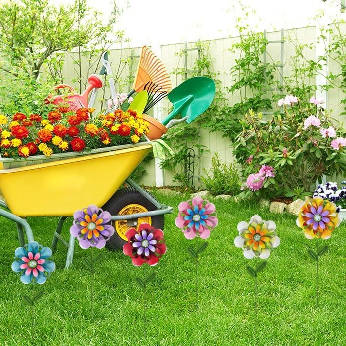 Metal Flower Garden Stakes, 6 Pc. Set, Large Colorful Decorative Landscape and Gardening Outdoor Decor, Lawn and Yard Ornament, Rust and Weather Resistant