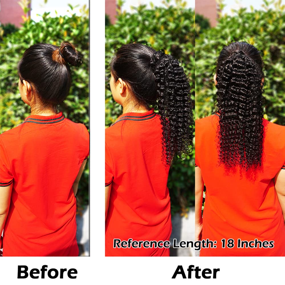 Adette 12 Inches Curly Ponytails Human Hair Drawstring Ponytail Extension Kinky Curly Clip in Pony Tail Hair Extensions Hair Pieces for Black Women Natural Black