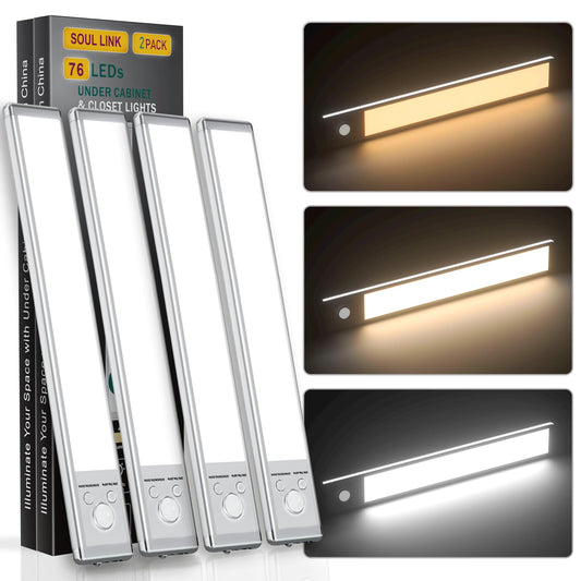 Under Cabinet Lights,76 LED Operated Motion Sensor Light Indoor,1500mAh USB Rechargeable Closet Lights, 4 Pack Magnetic Dimmable Closet Lights,Wireless Under Counter Lights for Kitchen, Stairs
