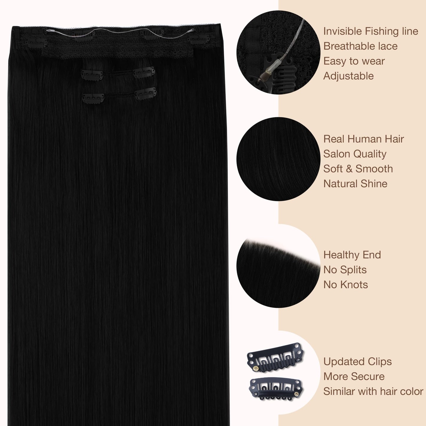 GOO GOO Wire Hair Extensions Human Hair, 1 Jet black Natural 18inch 125g, Invisible Wire Hair Extensions with Transparent, Seamless Fish Line Hairpiece