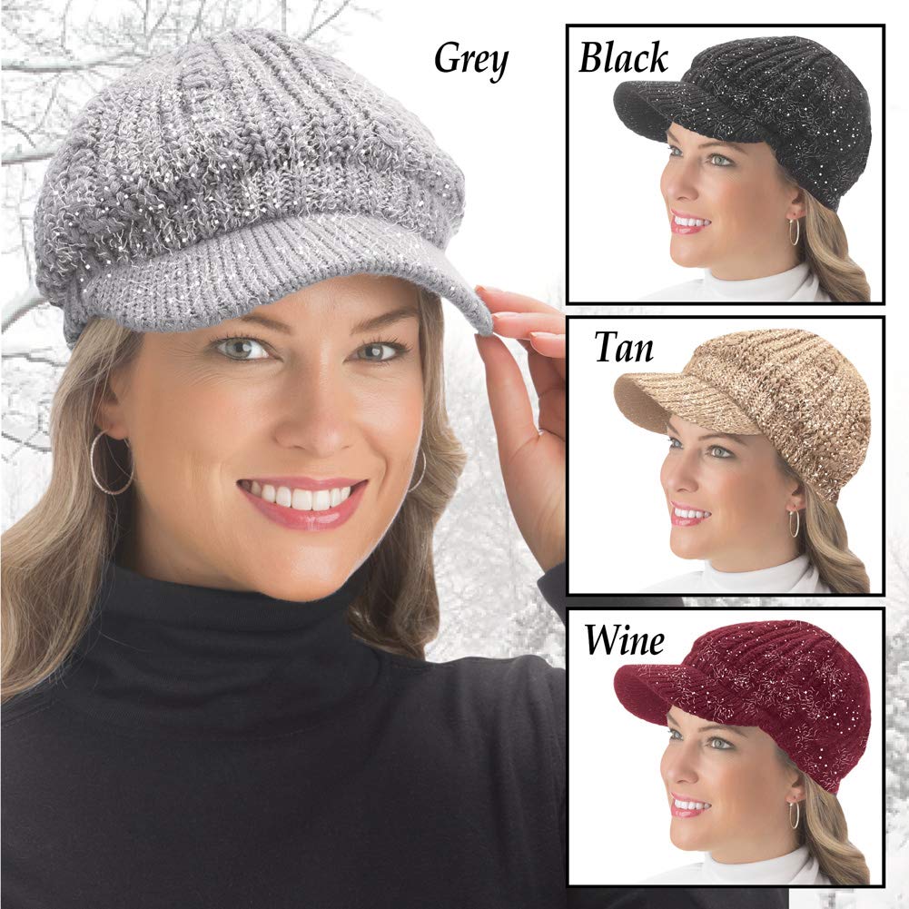 Collections Etc Lurex Cable Knit Beanie Hat with Visor Brim - Stylish Winter Accessories for Warmth, Black