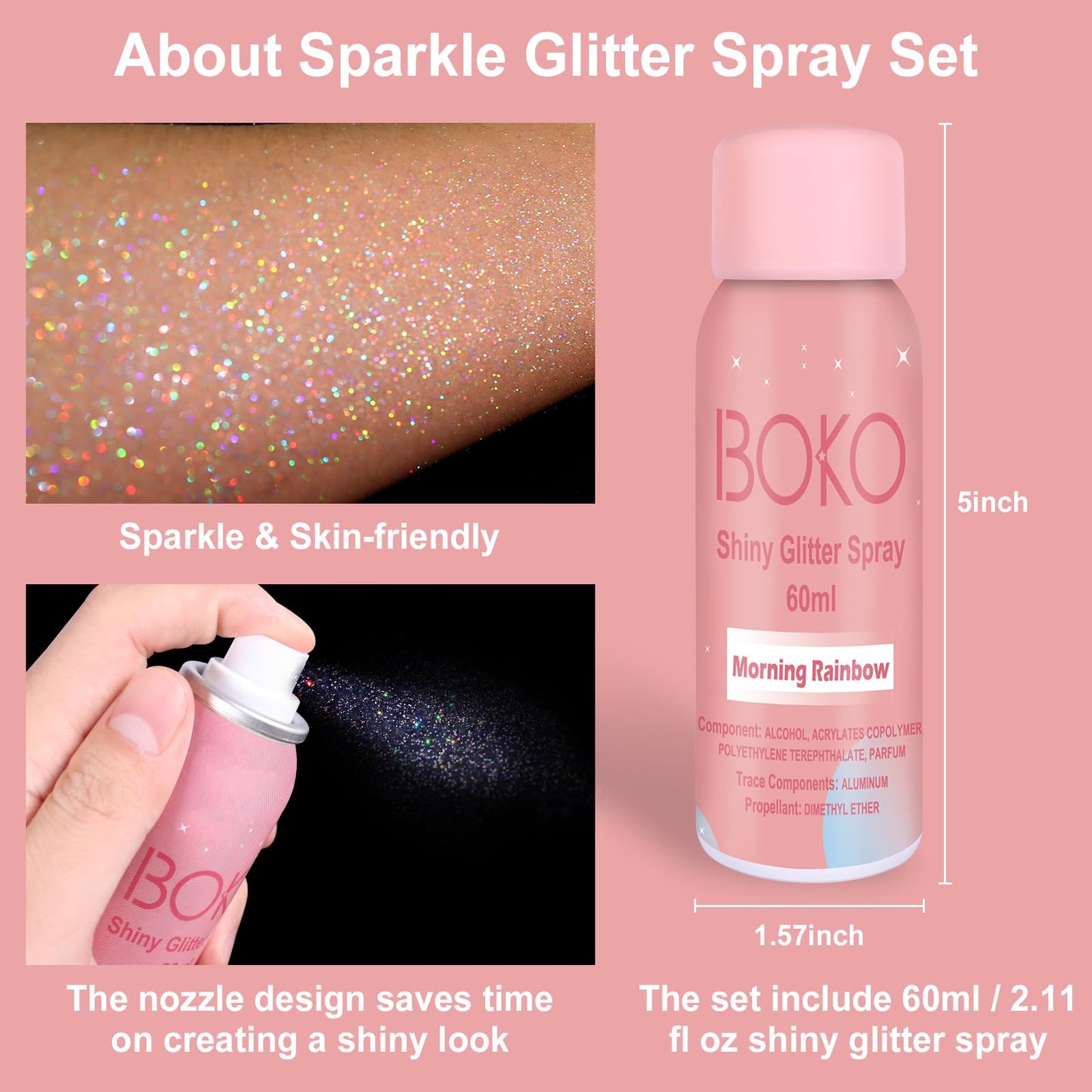 Boko Body Glitter Spray, 60ML Holographic Silver Glitter Spray for Body Hair Clothes, Quick-Drying and Long-Lasting Glitter Hairspray Body Shiny for Festival Music Concert Party Rave Accessories