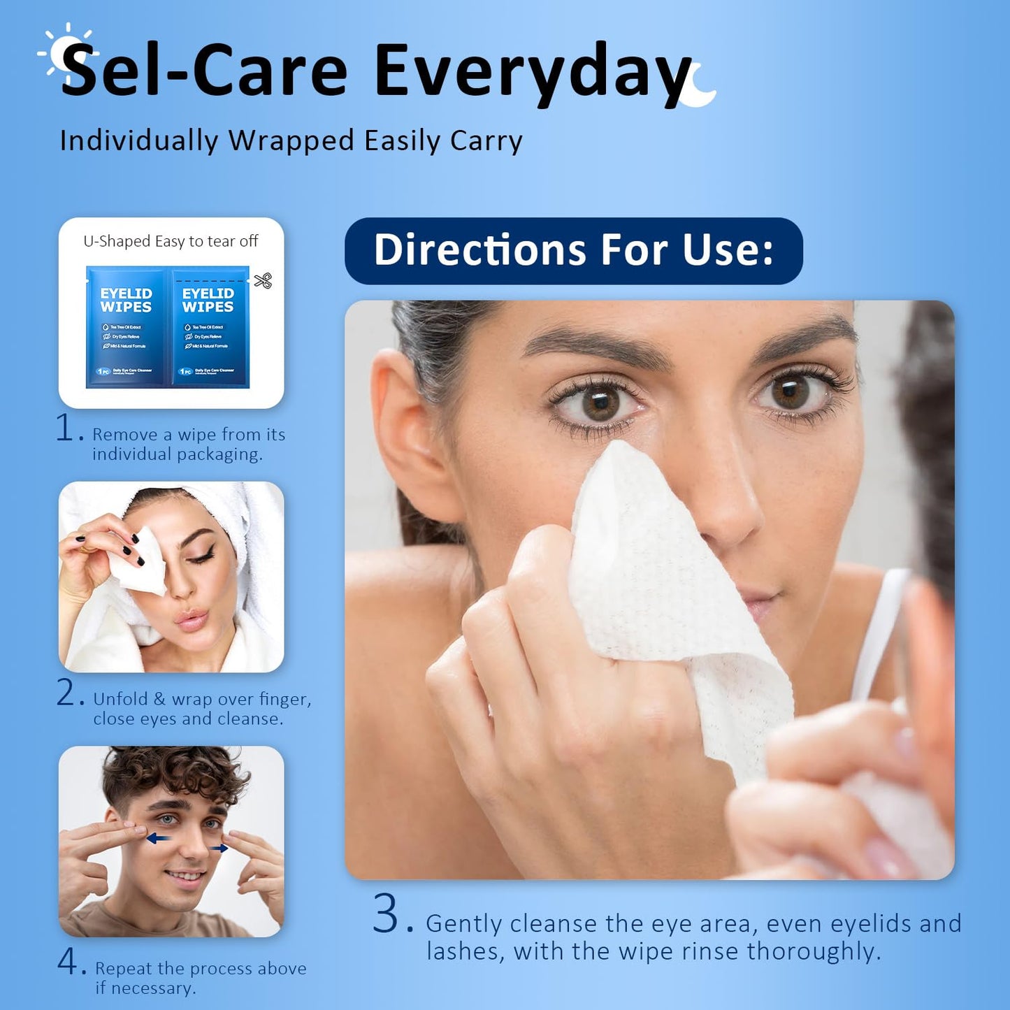 60PCs Eyelid & Lash Wipes with Hyaluronic Acid, Tea Tree Oil Eyelid Cleaser For Blepharitis, Itchy & Stye Eyes, Pre-Moistened Eyelid Wipes for Dry Eyes Relief, Daily Eye Cleanser for Sensitive Eyes