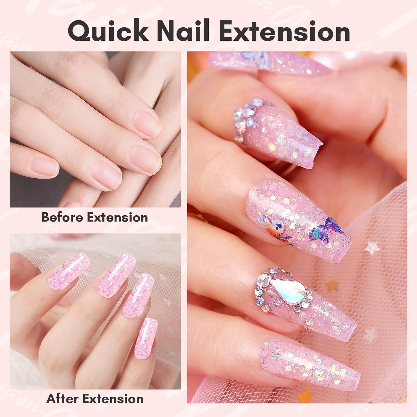 Makartt Poly Nail Gel: 50ML Glitter Pink, Strong Builder for Extension Overlay Strengthener 3D Diy, Multifunctional, Long-lasting for Nails Manicures Home Salon-Rosalia