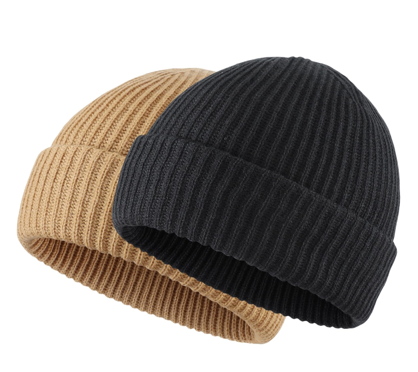 Home Prefer Mens Winter Hat Rib Knit Beanie Hat for Men Women Slouchy Cuff Beanie for Running Cycling Snow Ski Beanie (US, Alpha, One Size, Black+Khaki)