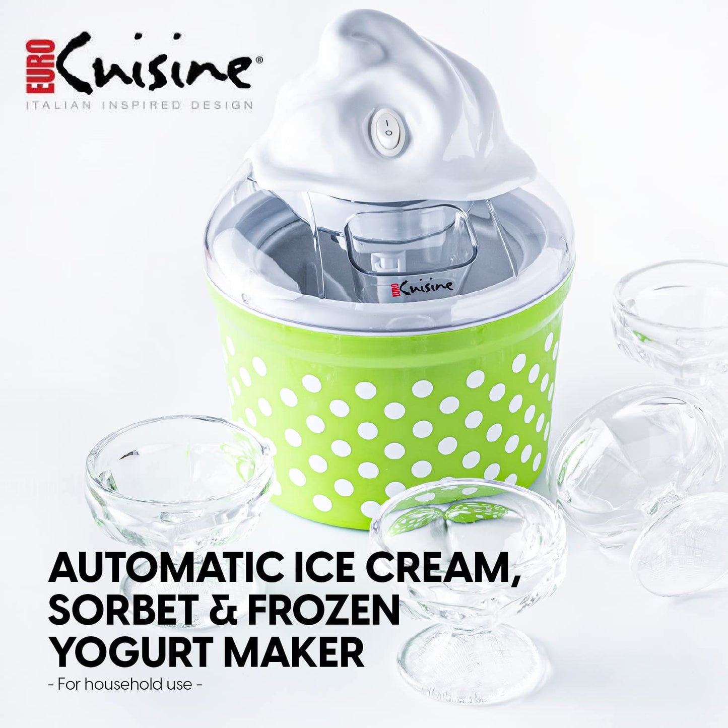 Euro Cuisine Ice Cream, Sorbet & Frozen Yogurt Maker, Homemade Gelato & Soft Serve Kids Ice Cream Maker Machine with 4 Glass Cups - Double-Insulated Freezer Bowl, Mixing Paddle, Lid - 1.5 Quart