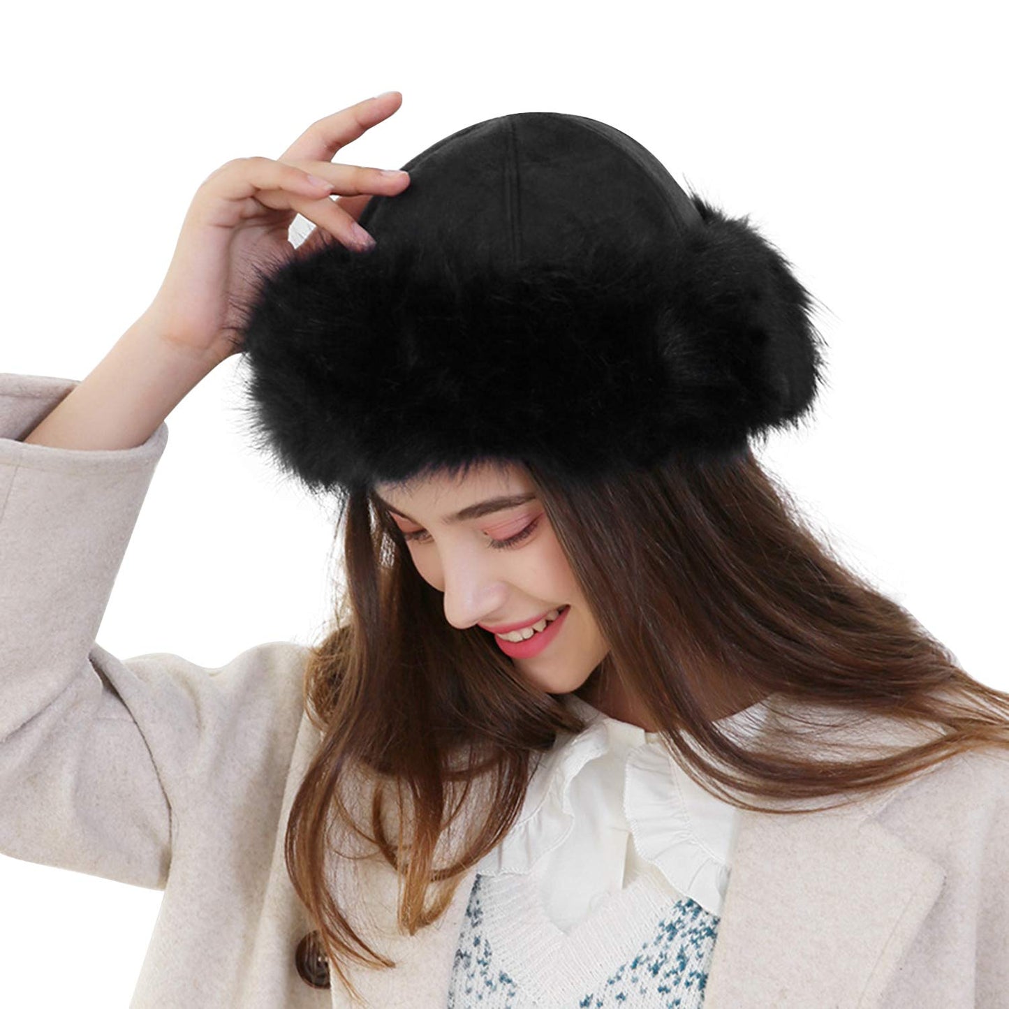 MioCloth Faux Fur Trimmed Beanie Hat Winter Warm Soft Classy Russian Hat for Women Girl Black
