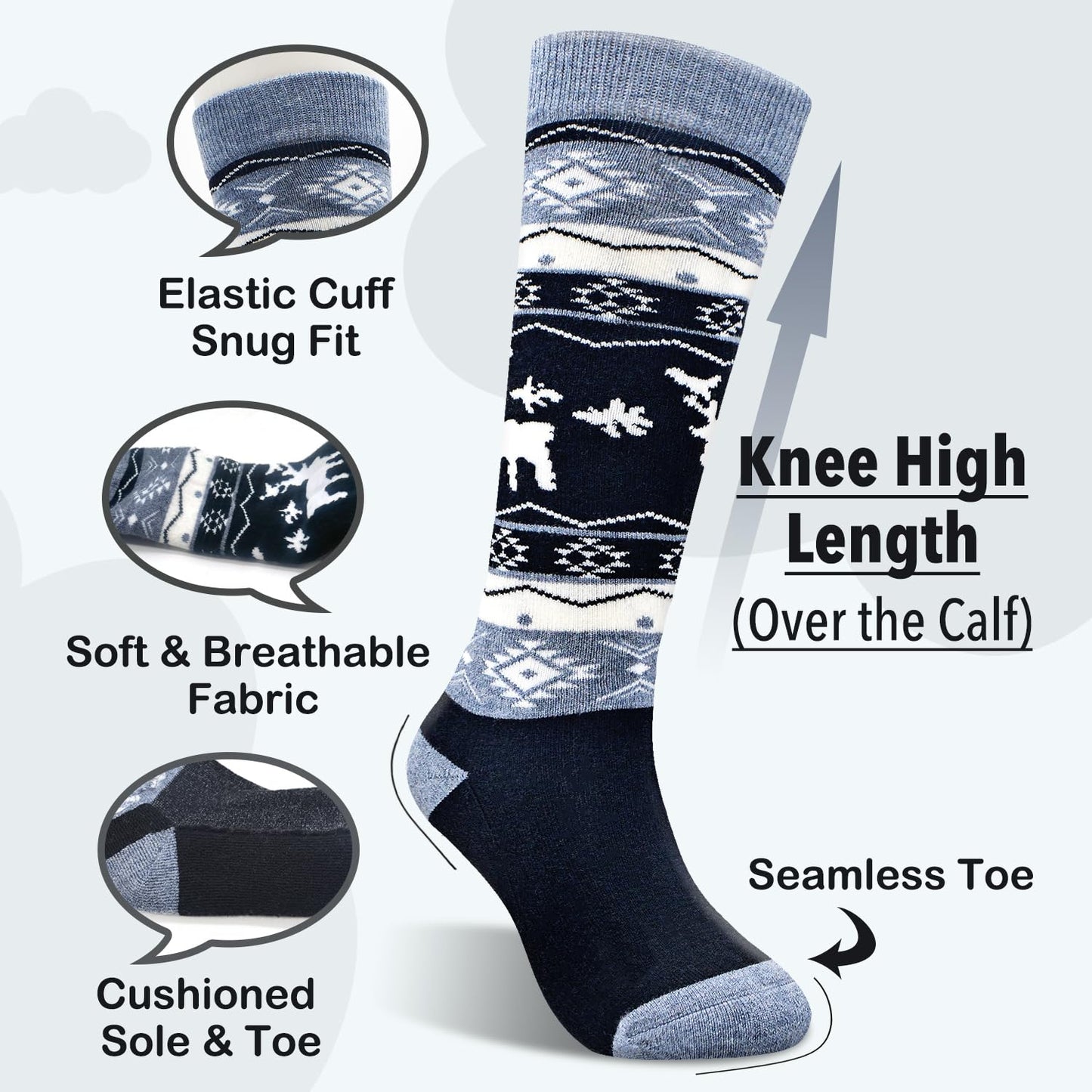 Socks Daze 2 Pack Winter Warm Wool Ski Socks for Kids Boys Girls 10-12 Years Cute Knee High Wool Boot Socks for Hiking Ice Skating, Black + White, Medium