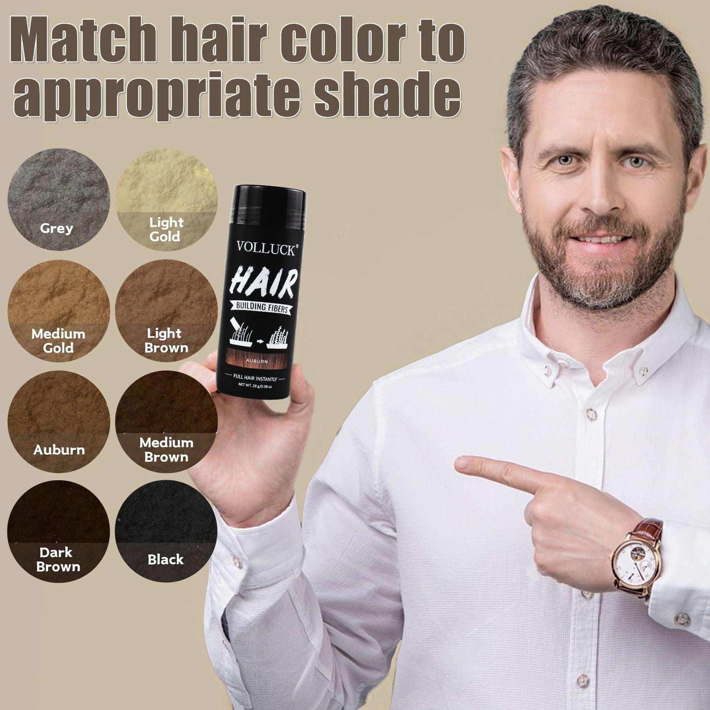 VOLLUCK Hair Fibers for Thinning Hair, Instant Coverage Hair Building Fibers for Women and men, Natural Hair Powder for Conceal Hair Loss 28 g (Auburn)