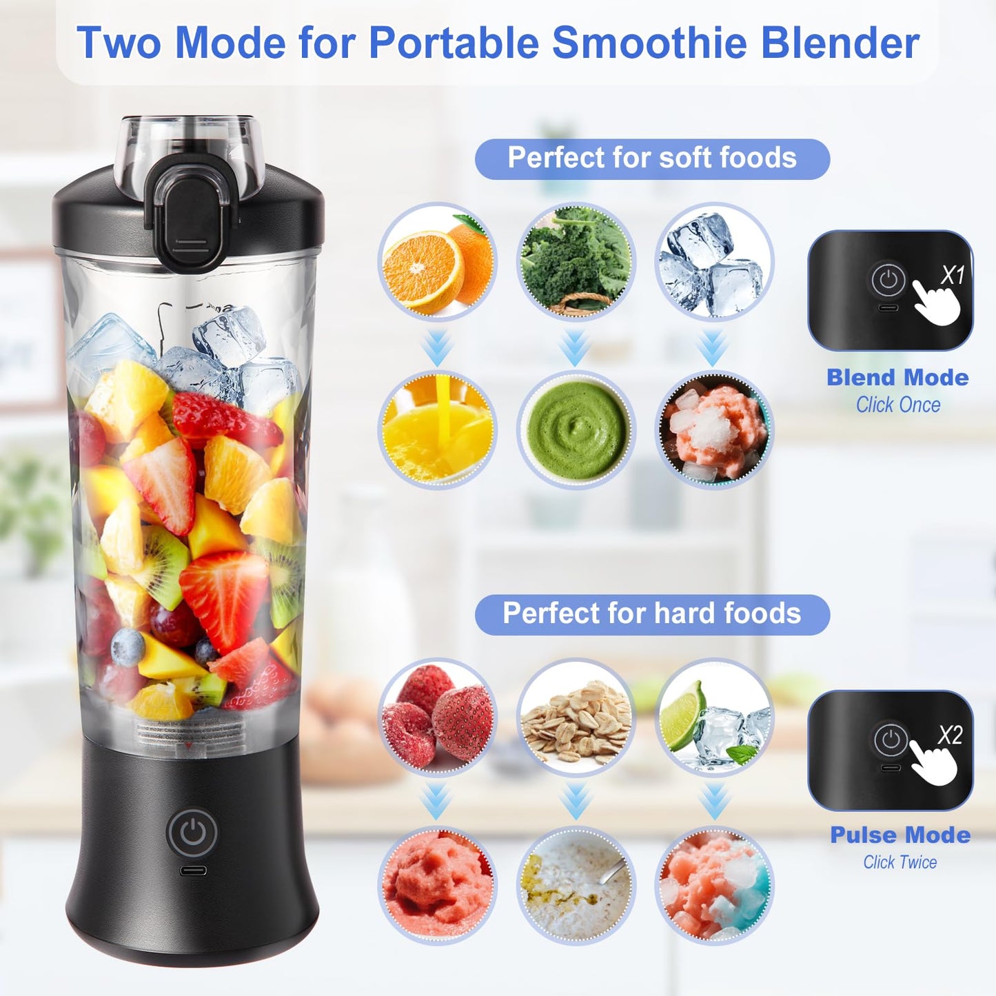 Smoothie Blender, Personal Blender for Shakes and Smoothies with 20oz Portable Cup, Travel Lid and Stainless Steel Blades, Rechargeable Portable Smoothie Maker for Juices, Office, Gym, Travel