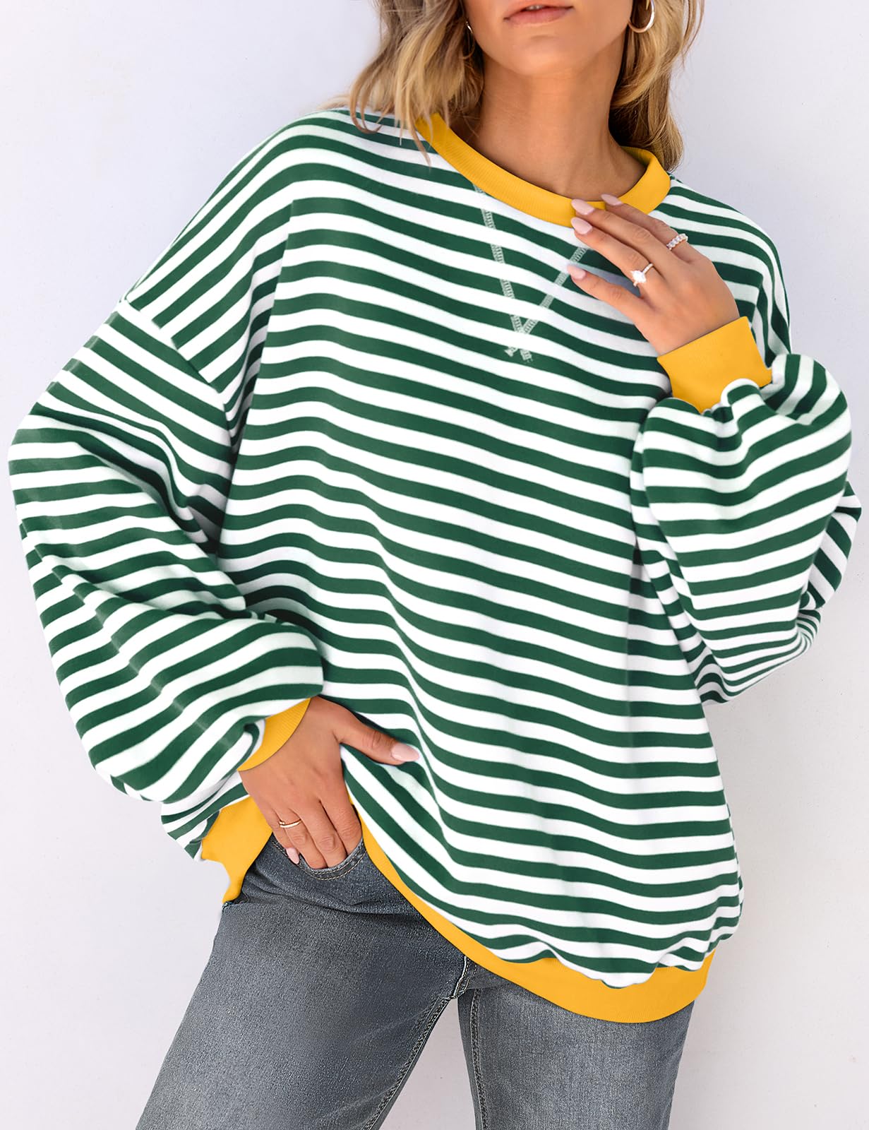 UEU Women Oversized Striped Sweatshirt Color Block Crew Neck Sweatshirt Casual Long Sleeve Pullover Shirt Green X-Large