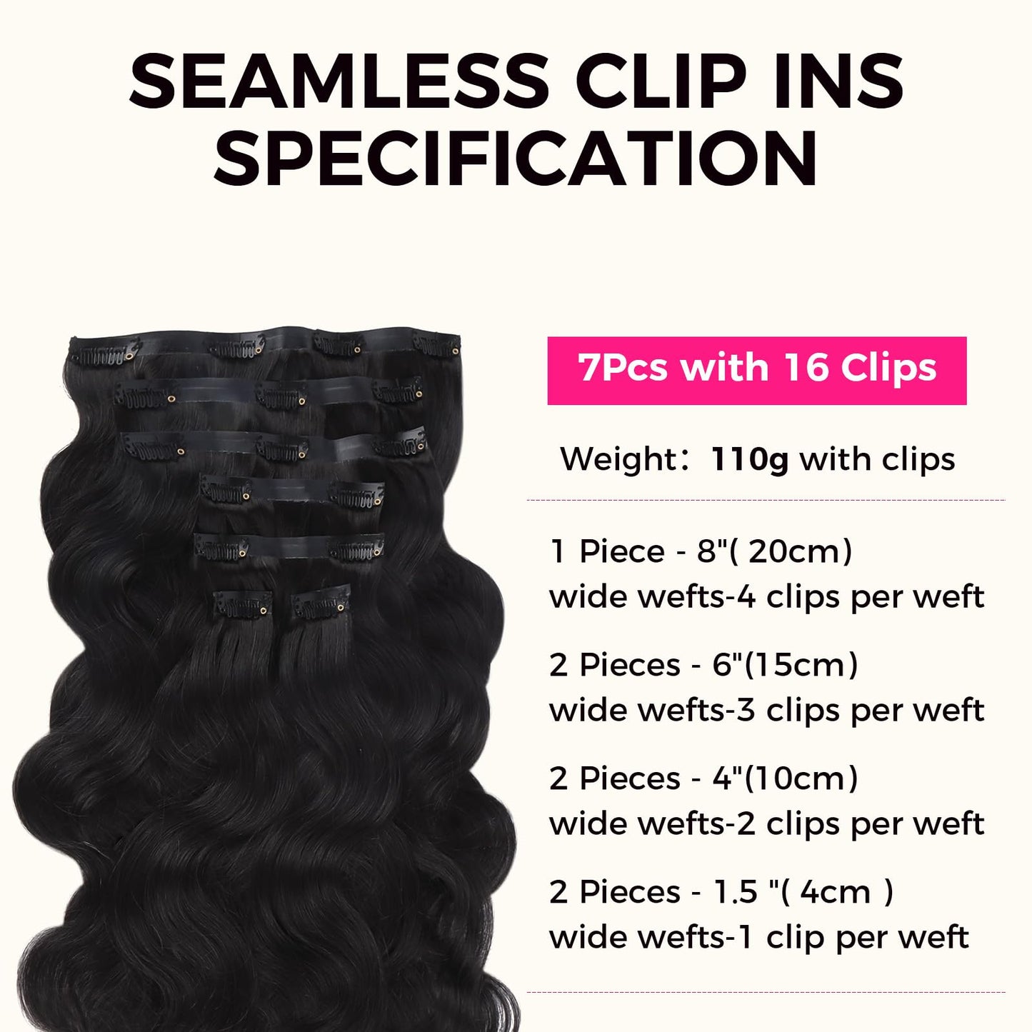 Lashey Seamless Clip in Hair Extensions Human Hair #1 Jet Black Body Wave Clip in Hair Extensions Real Human Hair 7pcs 110g 14 Inch PU Weft Natural Hair Extensions for Women