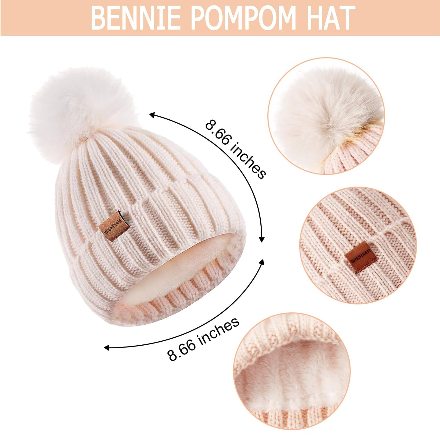 Women Beanie Hat Scarf Gloves Set, Women Winter Knitted Beanie Hat with Pom Pom Long Scarf Warmer Gloves with Touchscreen Set for Cold Weather, Warmer for Girls Women (Apricot)