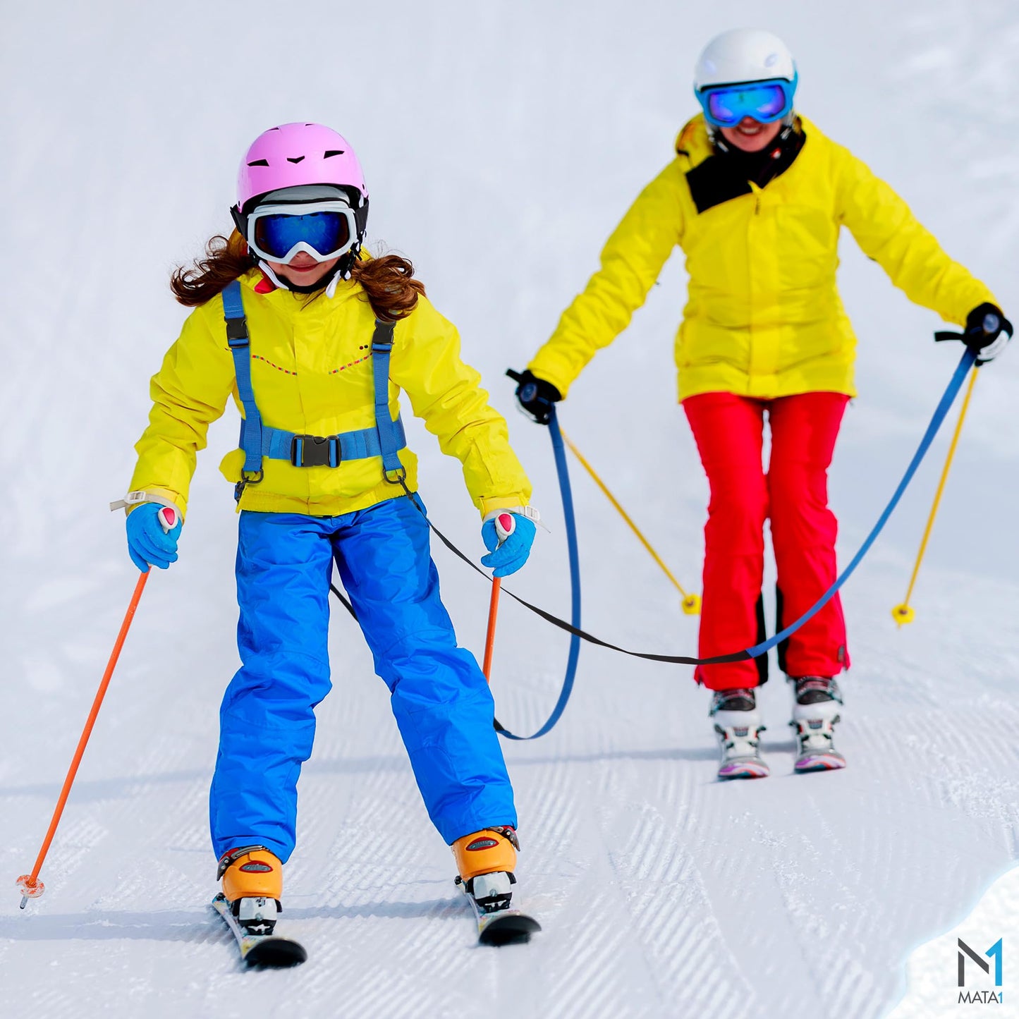 Mata1 Ski & Snowboard Training Harness for Kids - 2 Bungee Elastic Straps to Steer & Learn Speed Control - Ski Trainer Backpack w/Adjustable Shoulder Straps & Easy Lift-Handle for Toddlers