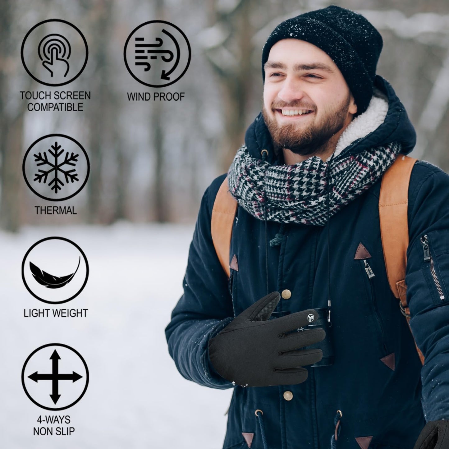 WESTWOOD FOX Waterproof Winter Gloves for Men & Women,Windproof, Warm Ski Gloves, Touchscreen, Anti-Slip Grip Gloves for Cycling, Snowboarding, Hiking, Running, Driving and Outdoor Sports (Black, L)