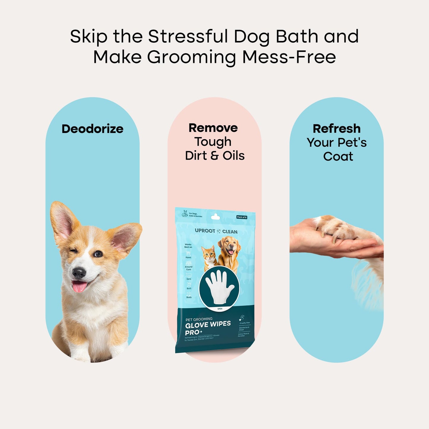 Uproot Clean Dog Cleaning Gloves: 1 Month Supply - Extra-Thick Pet Glove Wipes for Dogs & Cats - Easy Wipe Paws, Eyes, Ears, Butt, & Body - Lick-Safe - Cleaning, Deodorizing & Grooming (6 Pack)