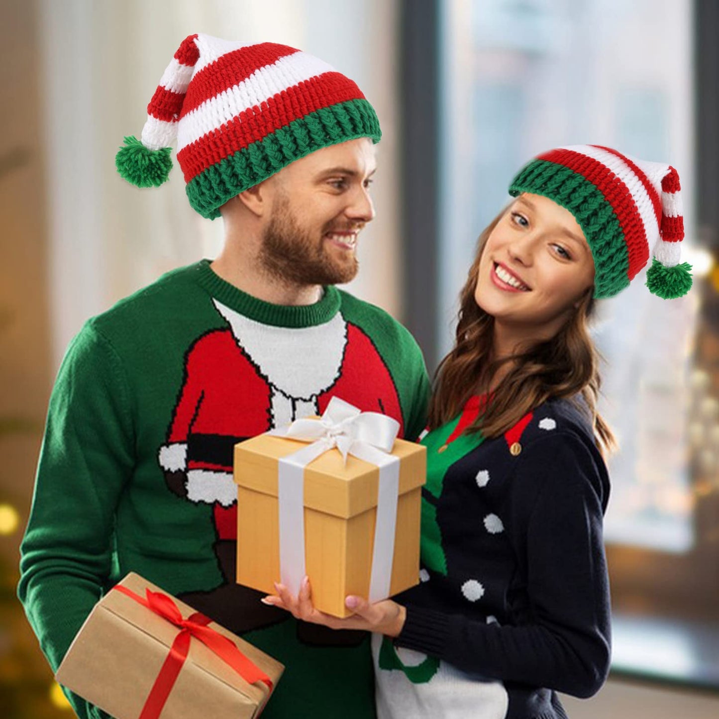 Christmas Winter Knitted Hats Crochet Beanie Santa Caps Warm Snow Ski New Year Holiday Party Hat Unisex Men Women Teens(Red)