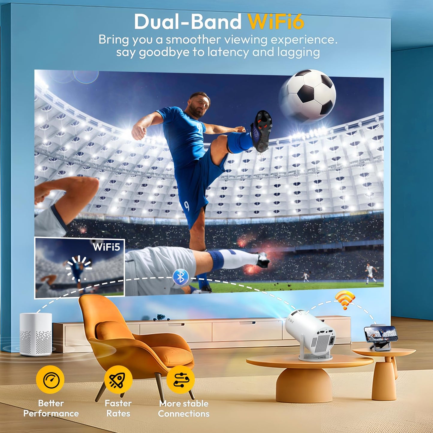 Smart Mini Projector WiFi6 Bluetooth 5.0 XGODY Gimbal 3 Protable Projector 12000L Support 4K with Android TV 11.0, Auto Keystone Correction Video Projector, 180°Rotatable Stand for Home Movie(White)