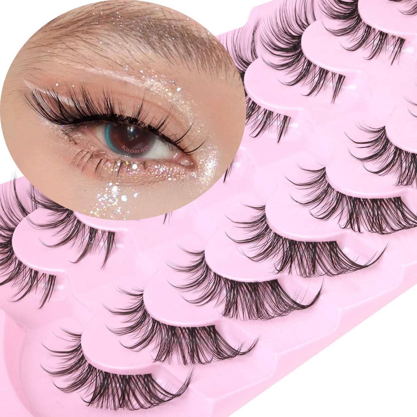 Manga Lashes Fox Eye False Eyelashes Natural Look Faux Mink Lashes Wispy Clear Band Spiky Cat Eye Strip Eyelashes Pack, 7 Pairs