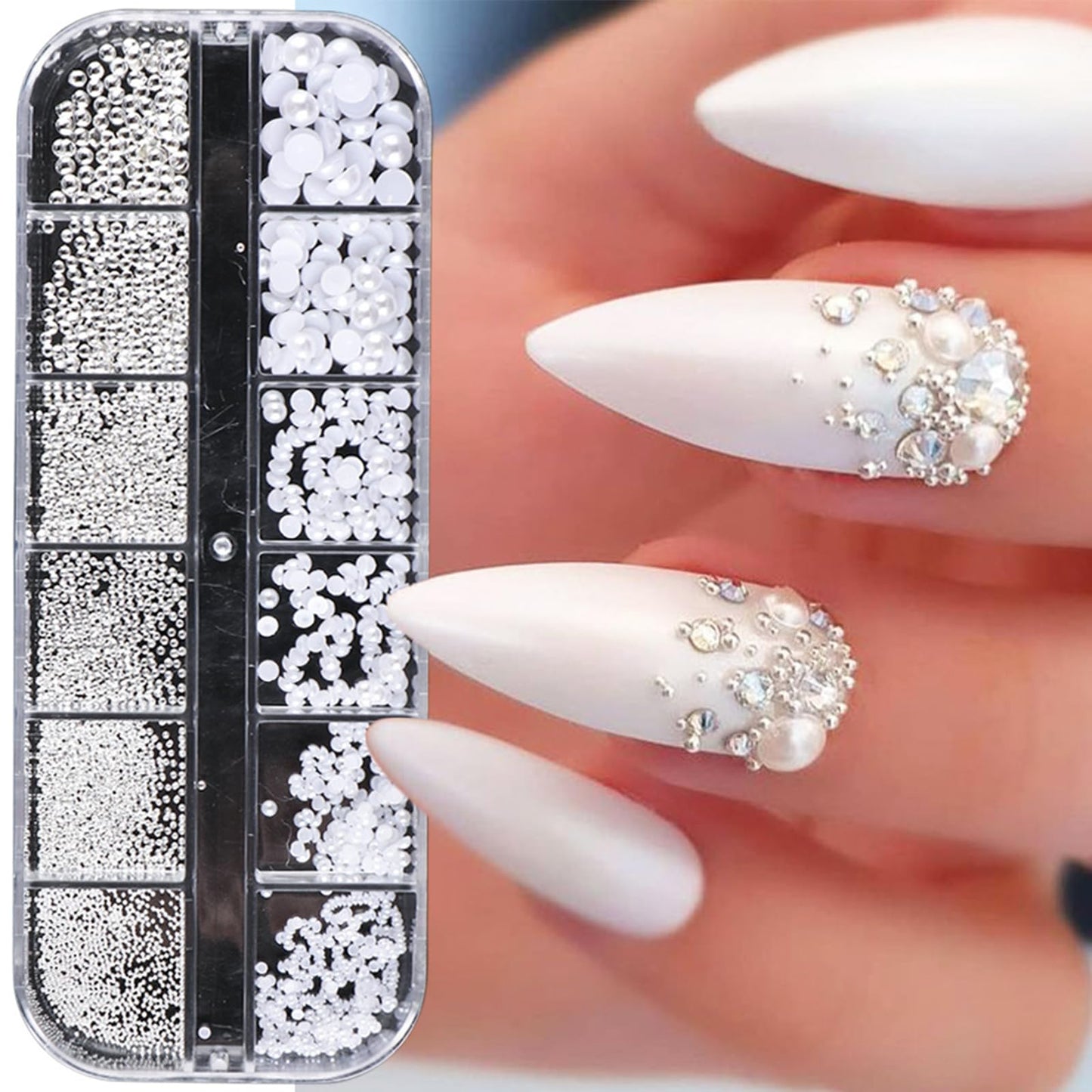 Votacos Nail Charms & Pearls - Bow-Knot Nail Accessories in Silver & White, Half Round Beads, Luxurious Design - DIY Crafts