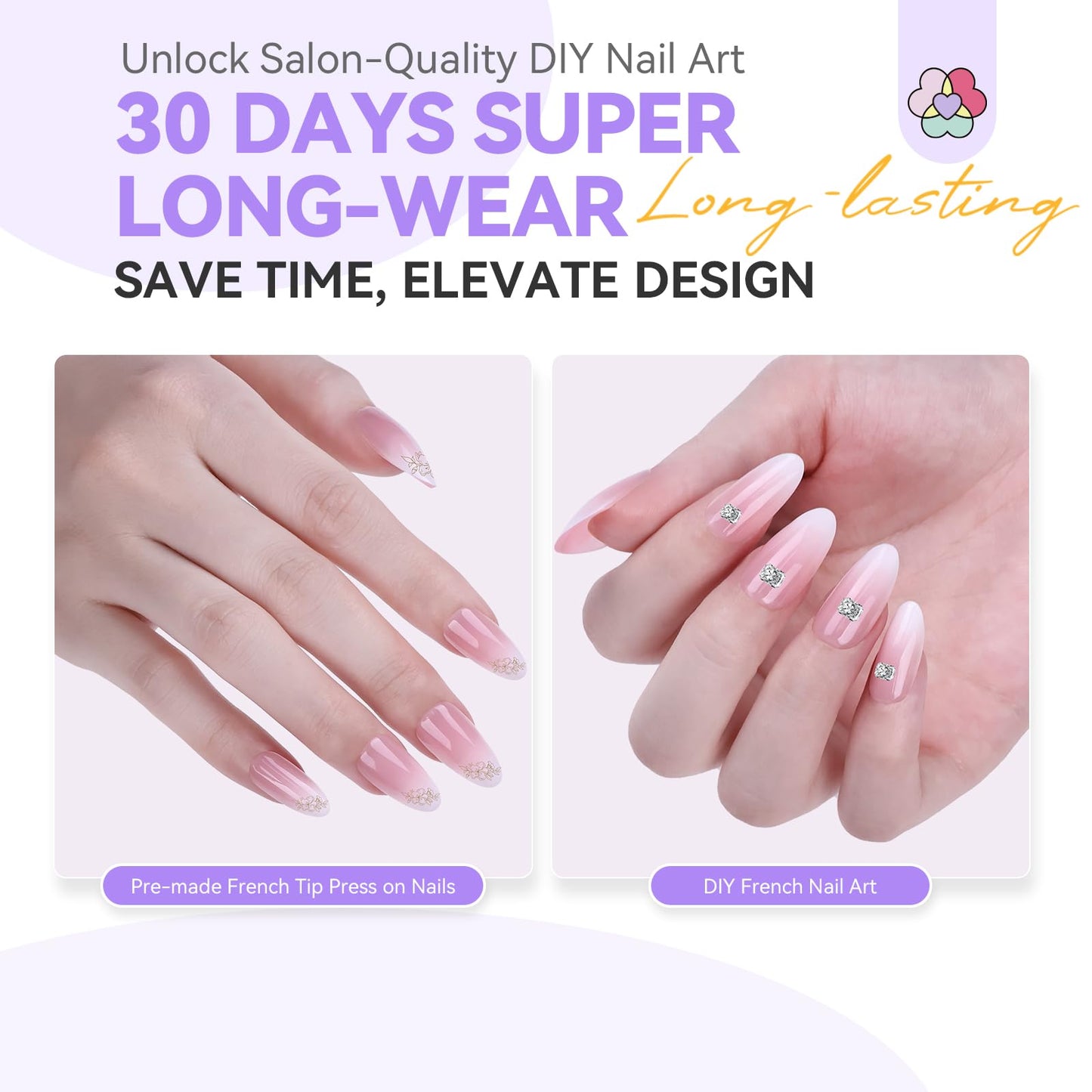 SAVILAND Press On Nails Ombre Nails: Medium Almond French Tips Full Cover Fake Nails Pink White Gradient Nails Press Ons 160 Pcs False Nails Tips Soft Gel s X Nail Tips for DIY Nail Art