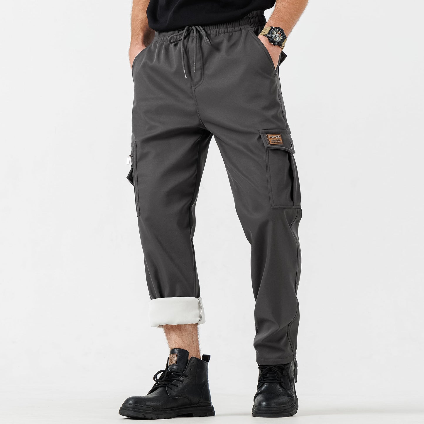 HHZ Men's Winter Fleece Lined Cargo Pant - Drawstring Joggers with Pockets Tactical Pants Pants(Y6005-W-Grey,38)