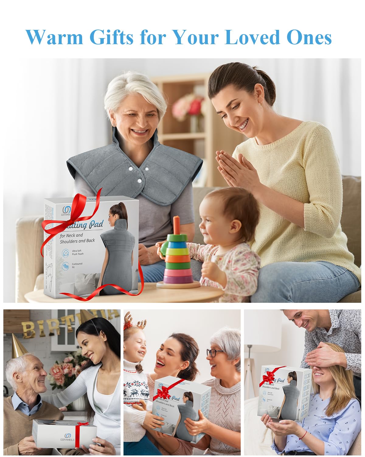 Heating Pad for Neck and Shoulders and Back Pain Relief, Birthday Gifts for Women Men Mom Dad, FSA Eligible Items Only List, Large Heat Pad for Back 6 Heat Settings 4 Timers Auto-Off, 22"x37" Grey