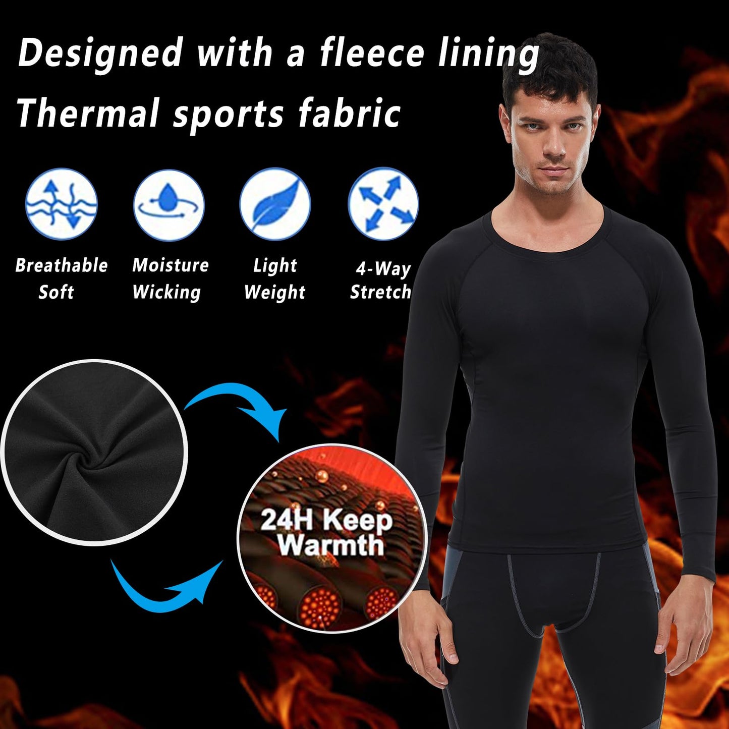 Black Thermal Compression Shirts for Men Long Sleeve Athletic Base Layer Top Winter Cold Weather Warm Running Gear Undershirt