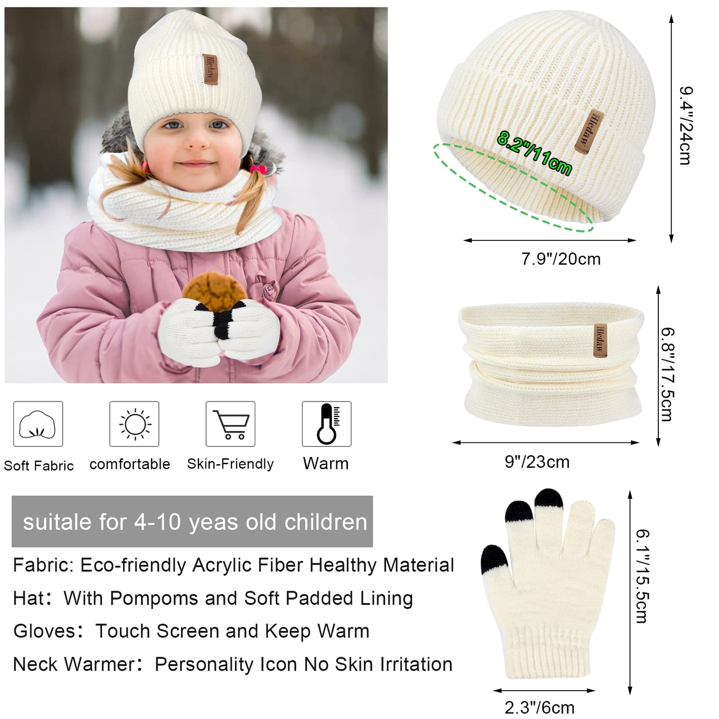 Hicdaw 3PCS Kids Winter Hat Glove Scarf Sets, Toddler Gloves Neck Warmer Baby Winter Hat Toddler Gloves Scarf Set for Boys Girls, White