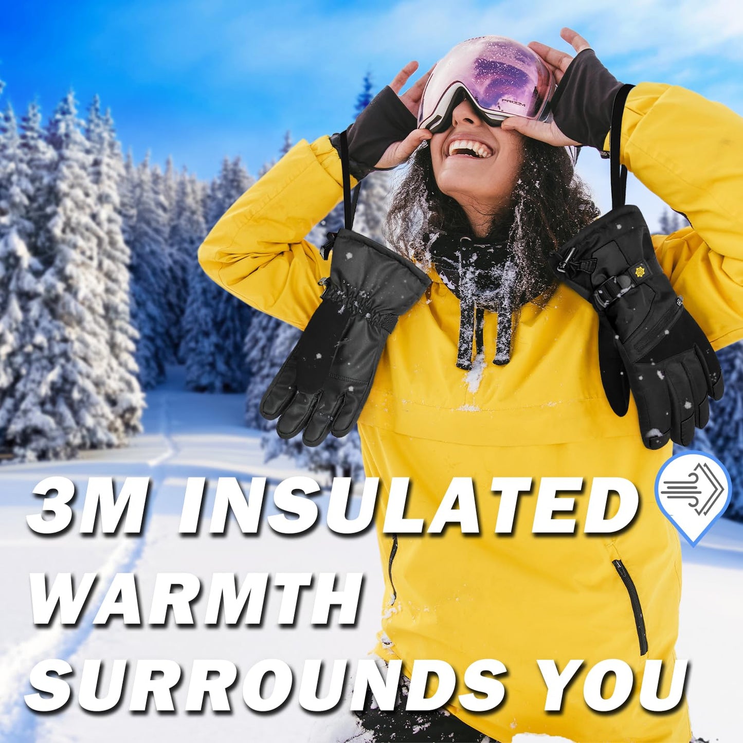 Solaris Waterproof Warm Ski Gloves with Pocket, Winter Cozy 3M Thinsulate Outdoor Snowboard Gloves for Women, Youth, Kid, Skiing, Snowboarding, Motorcycling, Shoveling, Small Size