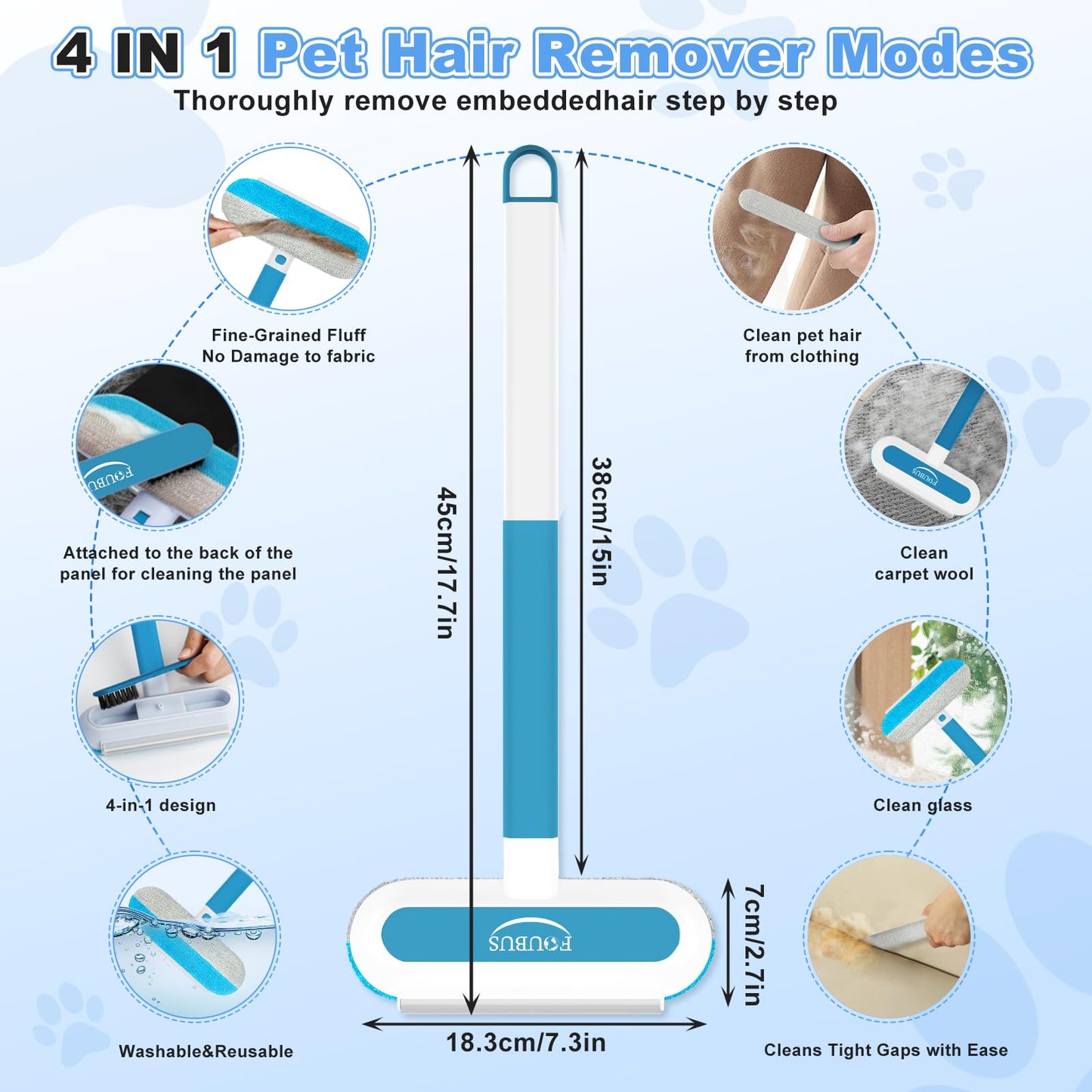 Multifunctional Pet Hair Remover Tool, 4 in 1-Reusable Washable Long Handle Dog&Cat Fur Hair Remover for Furniture,Carpet,Couch,Clothes,Bedding,Car,Window,Better Than Lint Rollers, with 2 Scrapers